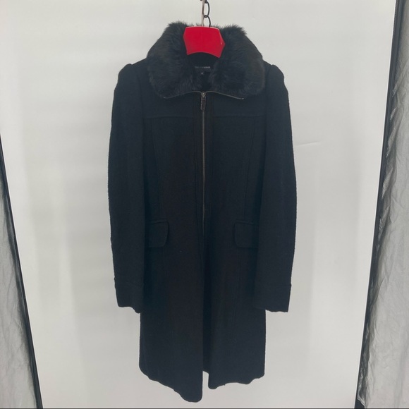 Emporio Armani Black Wool Zip Front Overcoat with Rabbit Fur